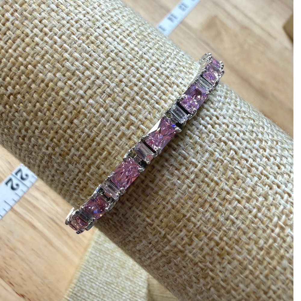 Pink Crystal Coquette Soft Glam Tennis Bracelet Emerald Cut Baguette Rhinestone